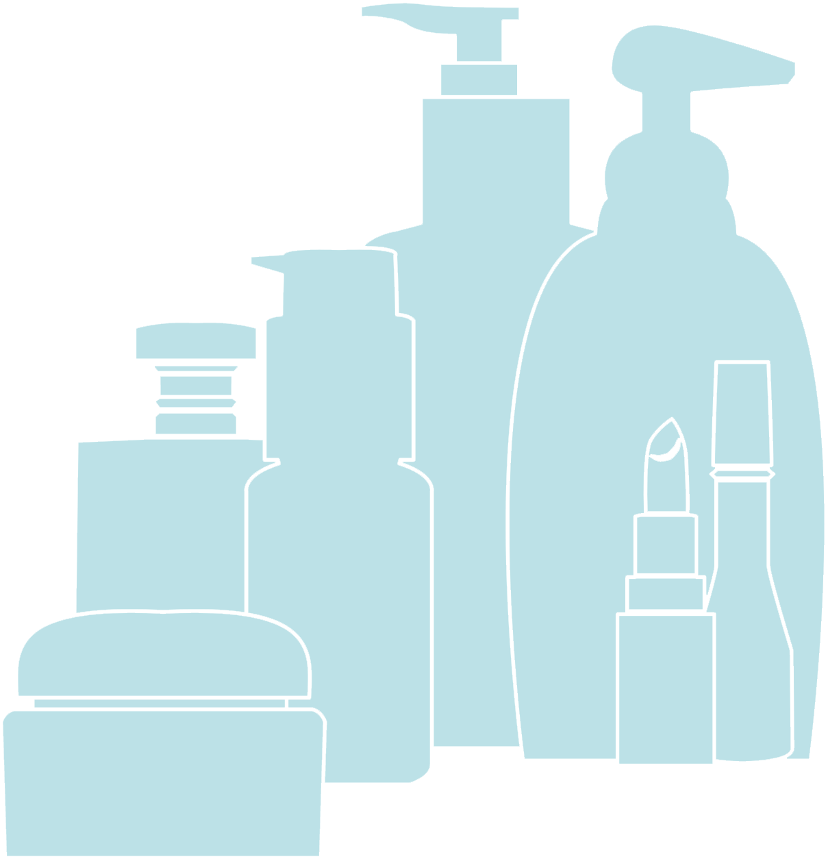 Eine Silhouette verschiedener Kosmetikflaschen und -tiegel in verschiedenen Formen und Größen. Die Illustration ist in einem einfarbigen, hellblauen Ton gehalten.