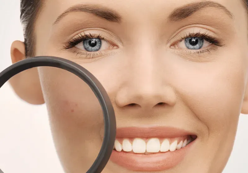 Eine Person lächelt in die Kamera. Ein vergrößerndes Glas ist vor ihrem Gesicht, betont die klare Haut. Die Augen sind geöffnet, der Hintergrund ist unscharf und hell.