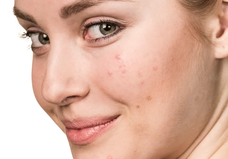 Nahaufnahme eines lächelnden Gesichts einer Person mit heller Haut und grünen Augen. Hautunregelmäßigkeiten wie kleine Pickel sind auf der Wange sichtbar. Der Hintergrund ist weiß.