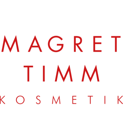 Roter Text auf weißem Hintergrund: "MAGRET TIMM KOSMETIK". Der Schriftzug wird von einer skizzenhaften weißen Zeichnung einer stilisierten Blume oder eines stilisierten Lippenstifts umschlossen.
