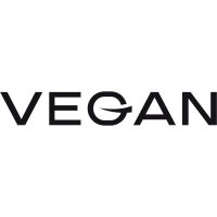 Der Alternativtext könnte lauten: „Schwarzer Schriftzug 'VEGAN' auf weißem Hintergrund, bei dem der Mittelstrich des Buchstabens 'E' wie ein Blatt geformt ist.“